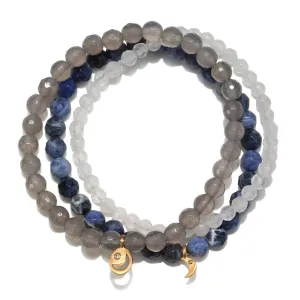 Sodalite, Grey Agate, White Jade Gold Moon Stretch Bracelet