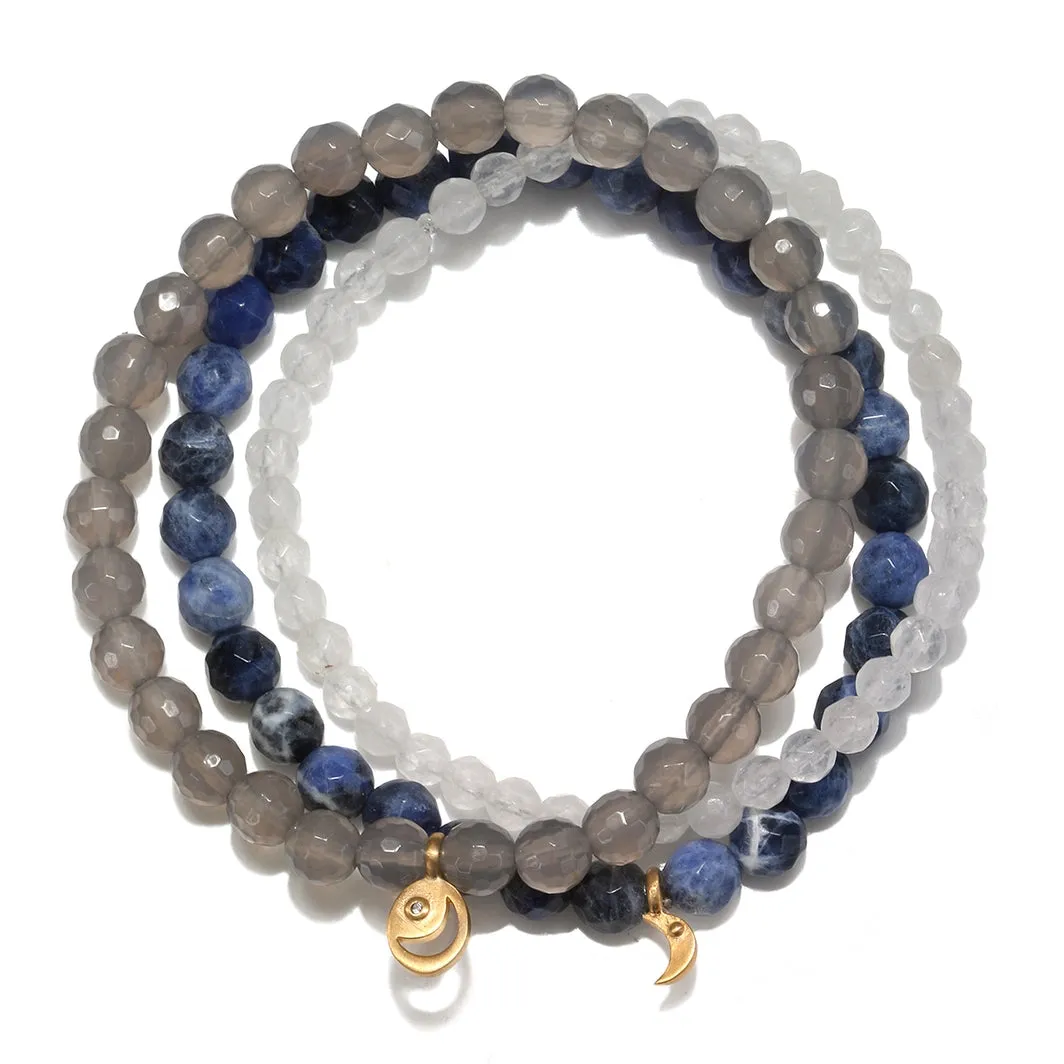 Sodalite, Grey Agate, White Jade Gold Moon Stretch Bracelet