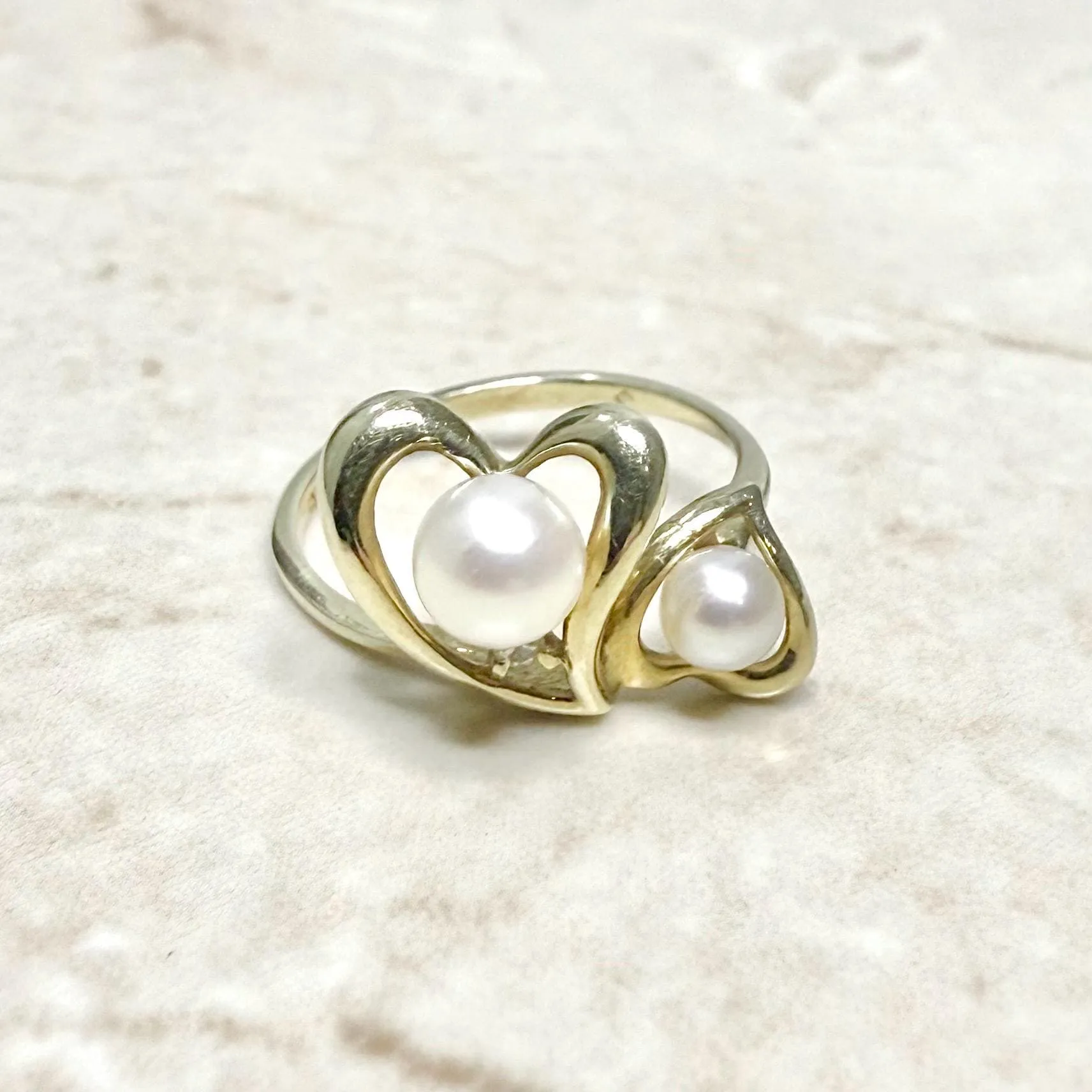 Solid 10 Karat Yellow Gold White Pearl Heart Toi & Moi Ring