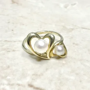 Solid 10 Karat Yellow Gold White Pearl Heart Toi & Moi Ring