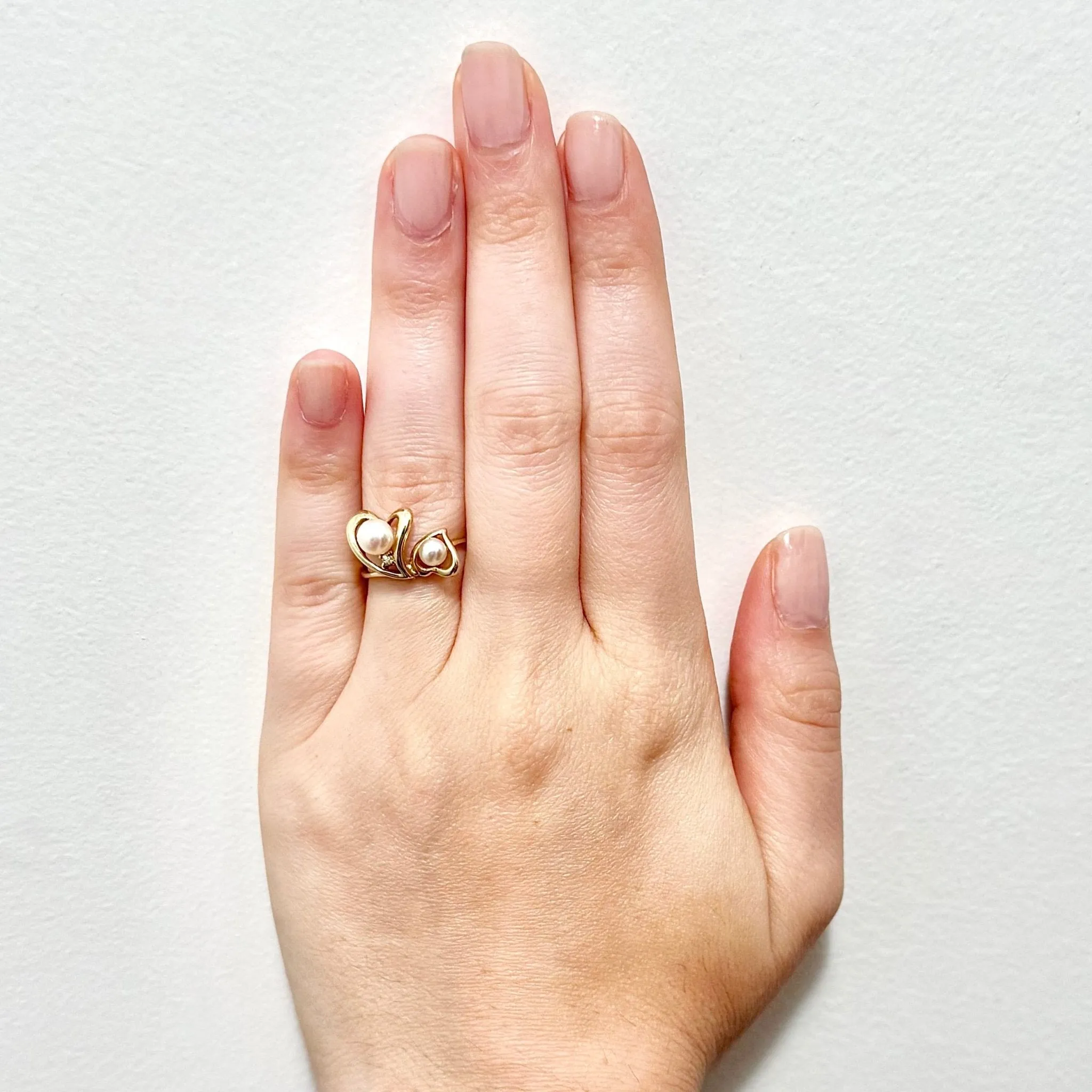 Solid 10 Karat Yellow Gold White Pearl Heart Toi & Moi Ring
