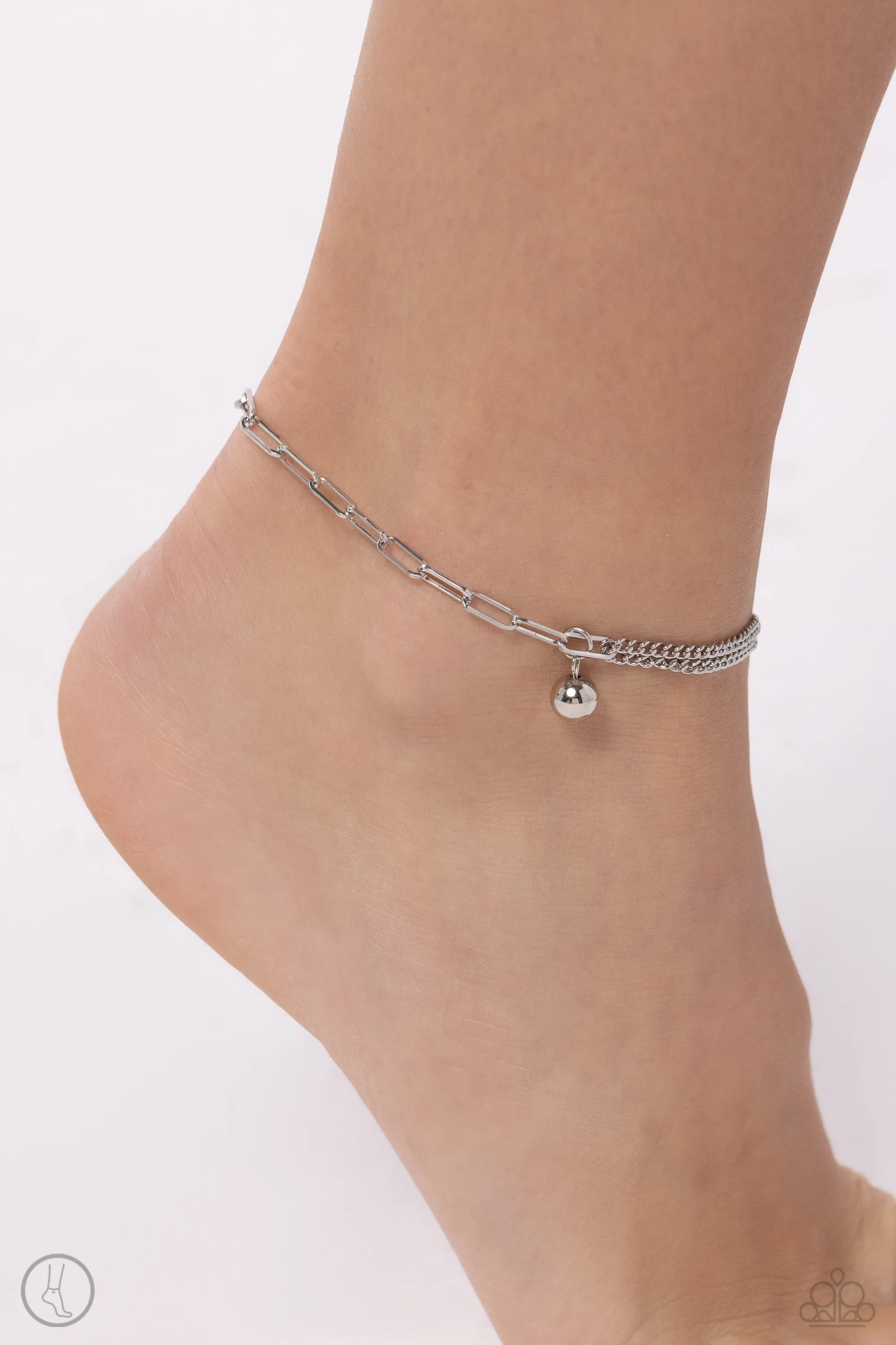Solo Sojourn - Silver - Paperclip Chain Silver Bead Paparazzi Anklet
