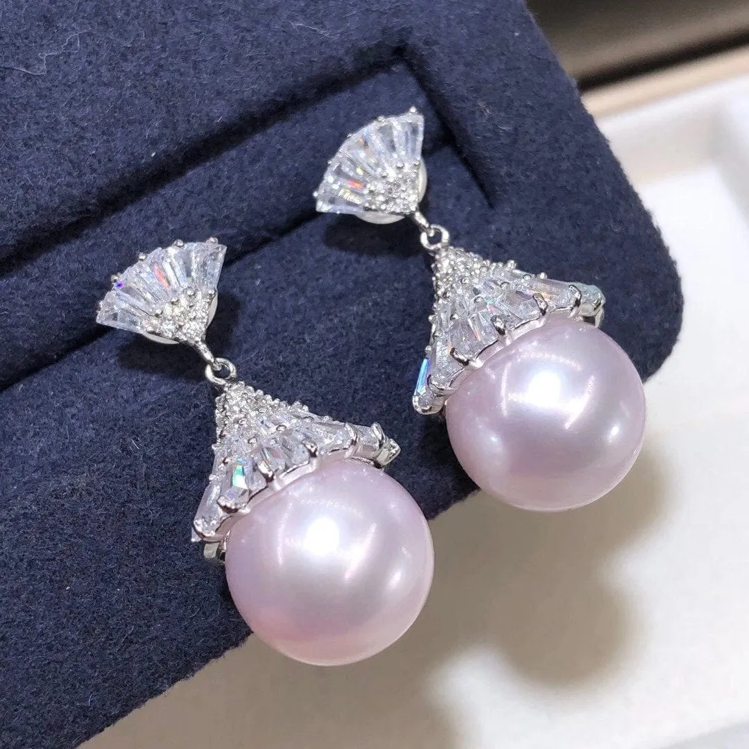 Sparkling Acorn Cap Fresh Water Light Pink Pearl Drop Earring