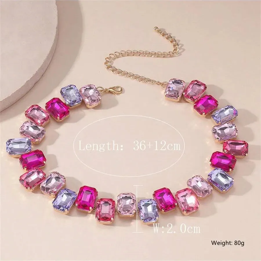 Square Pink Colorful Crystal Choker Necklaces for Women Geometric Clavicle Chain Necklaces Party Wedding Jewelry