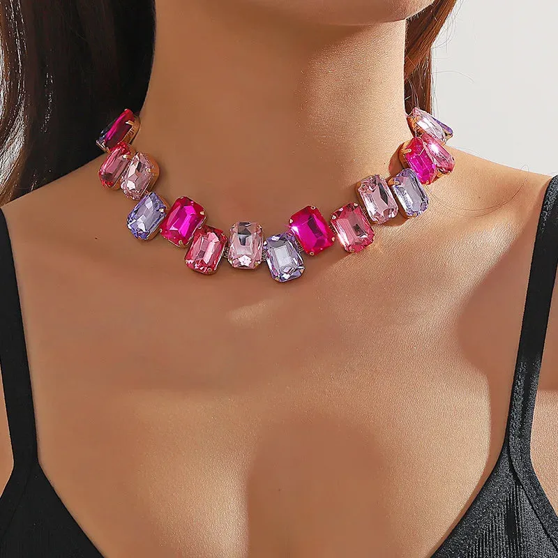Square Pink Colorful Crystal Choker Necklaces for Women Geometric Clavicle Chain Necklaces Party Wedding Jewelry