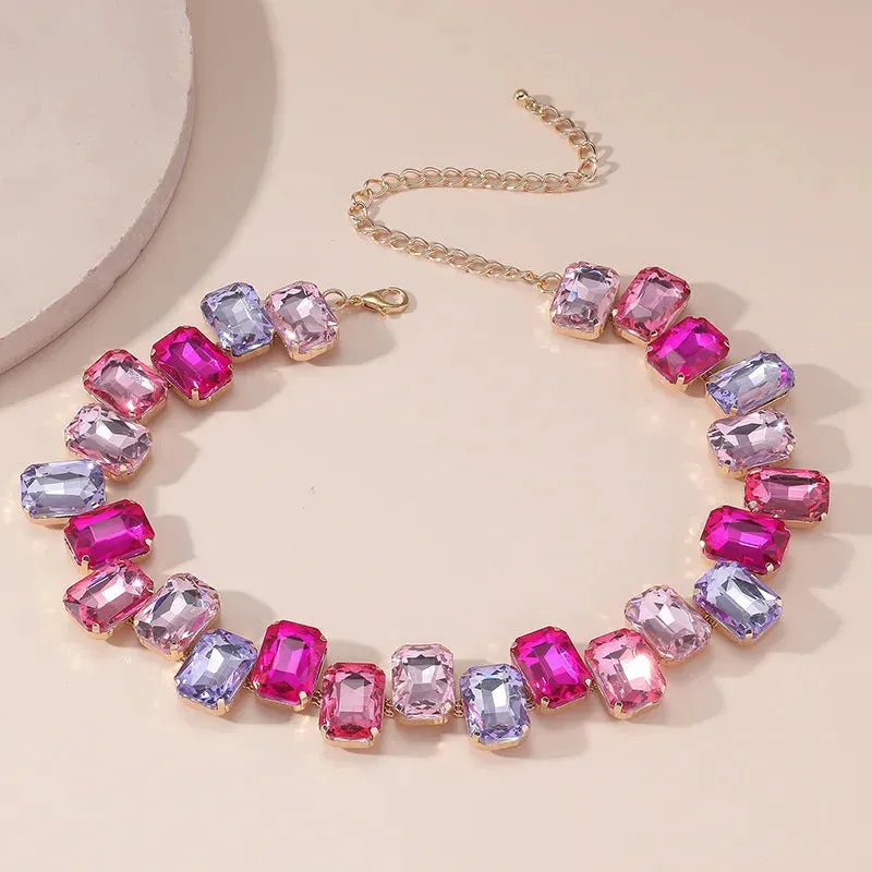 Square Pink Colorful Crystal Choker Necklaces for Women Geometric Clavicle Chain Necklaces Party Wedding Jewelry
