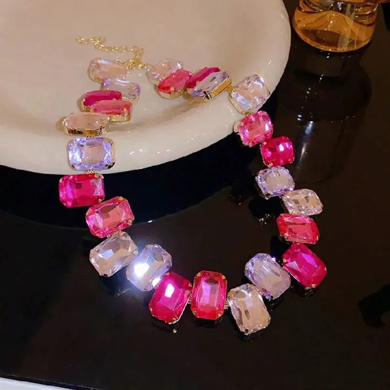 Square Pink Colorful Crystal Choker Necklaces for Women Geometric Clavicle Chain Necklaces Party Wedding Jewelry