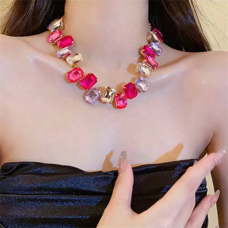 Square Pink Colorful Crystal Choker Necklaces for Women Geometric Clavicle Chain Necklaces Party Wedding Jewelry