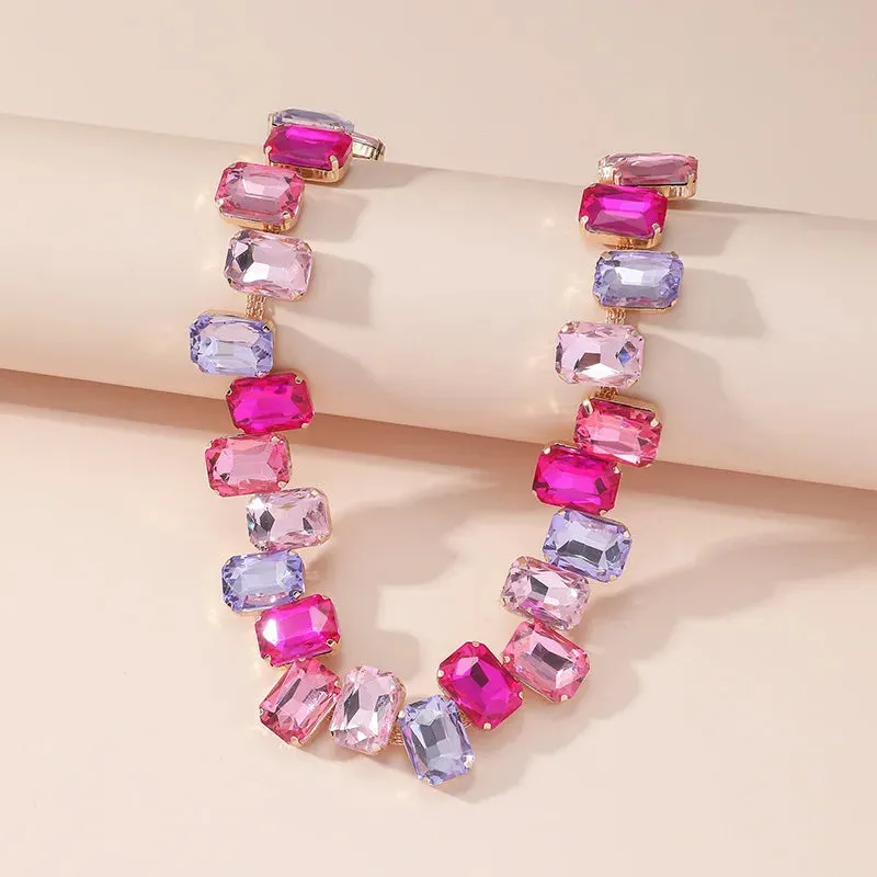 Square Pink Colorful Crystal Choker Necklaces for Women Geometric Clavicle Chain Necklaces Party Wedding Jewelry