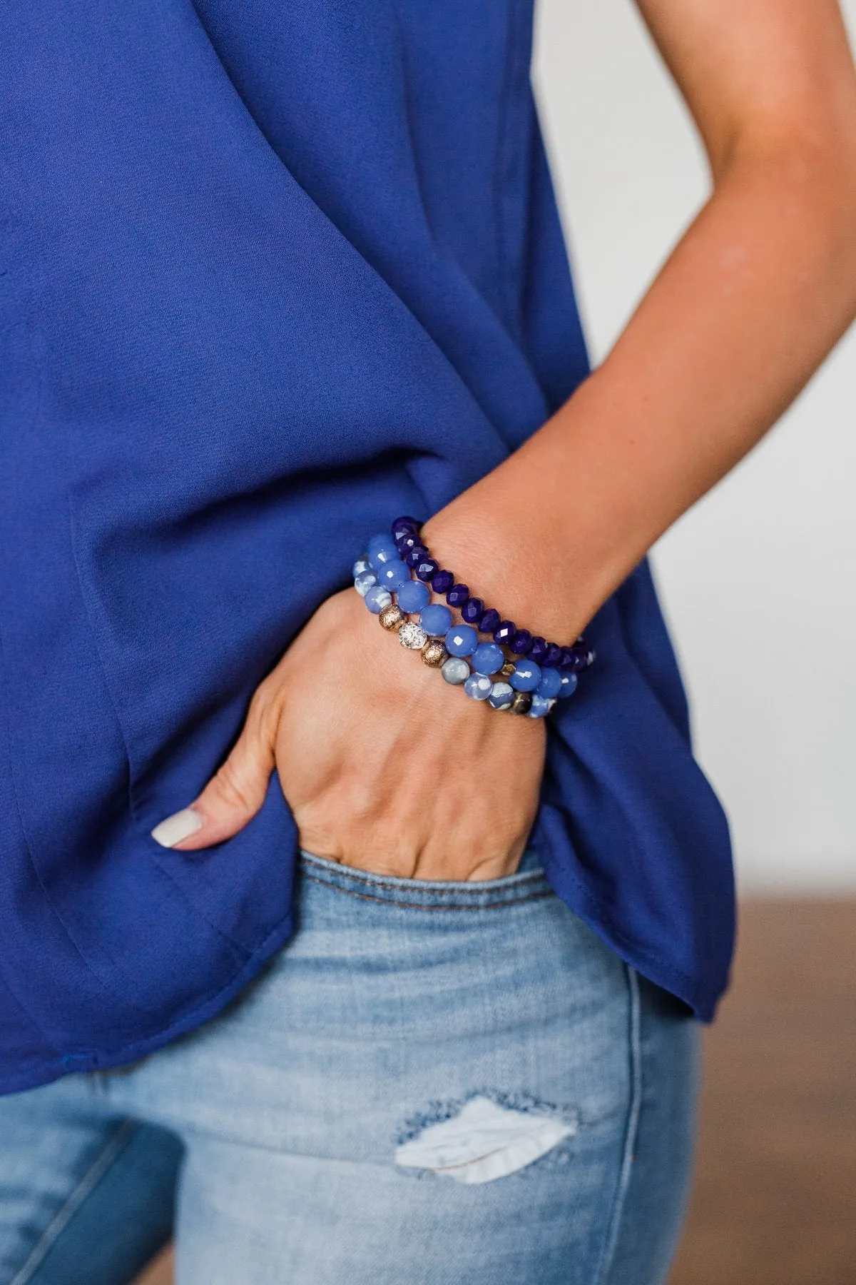 Stackable Gold Accent Beaded Bracelet Set- Blue