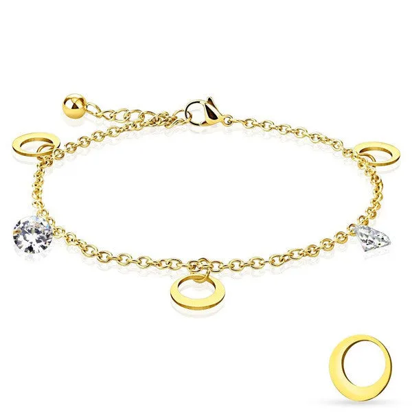 Stainless Steel 9"-10" Gold Ion Plated Moon and CZ Charm Ankle Bracelet