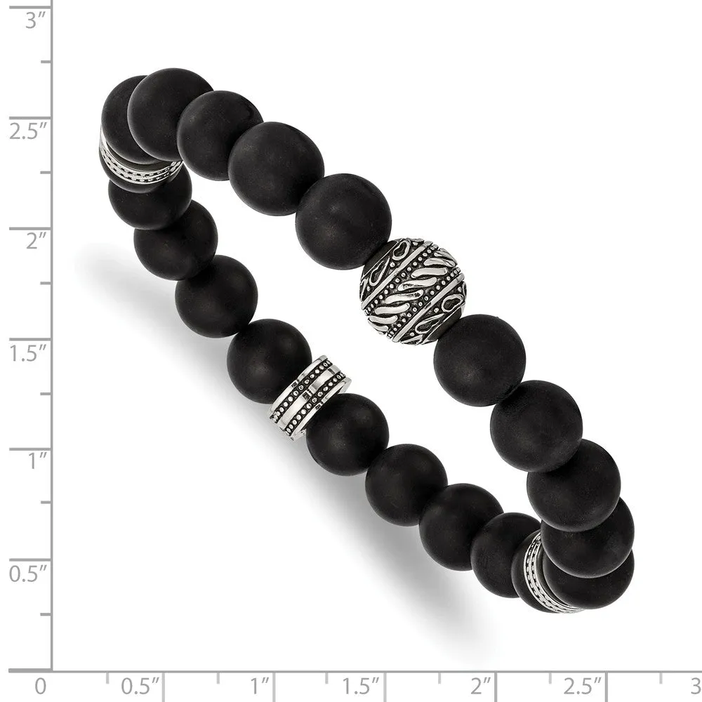 Stainless Steel Antiqued and Polished Black Agate Beaded Stretch Bracelet