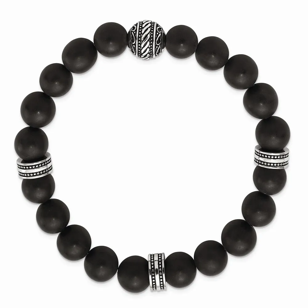 Stainless Steel Antiqued and Polished Black Agate Beaded Stretch Bracelet