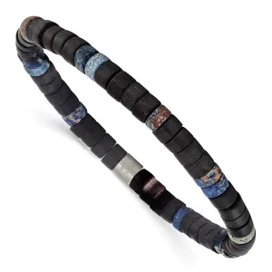 Stainless Steel Brushed Blue Sediment/Black Agate Stretch Bracelet