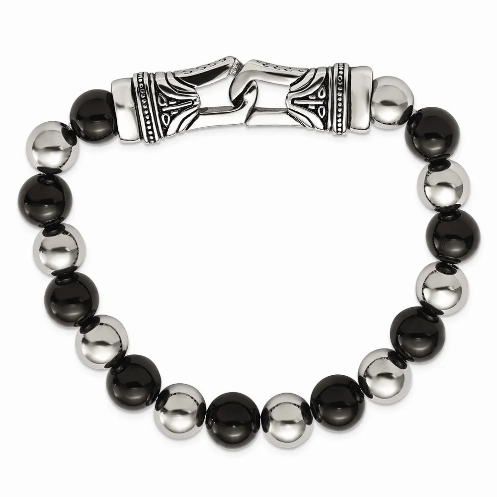 Stainless Steel Polished Antiqued Black Agate Stretch Bracelet