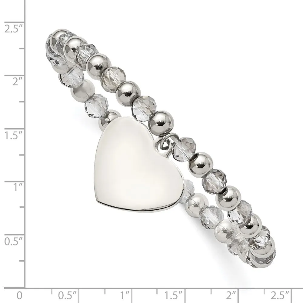 Stainless Steel Polished w/Grey Glass Beads Heart Dangle Stretch Bracelet