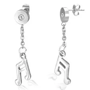 Stainless Steel Silver-Tone White Bezel-Set CZ Musical Music Notes Drop Dangle Earrings