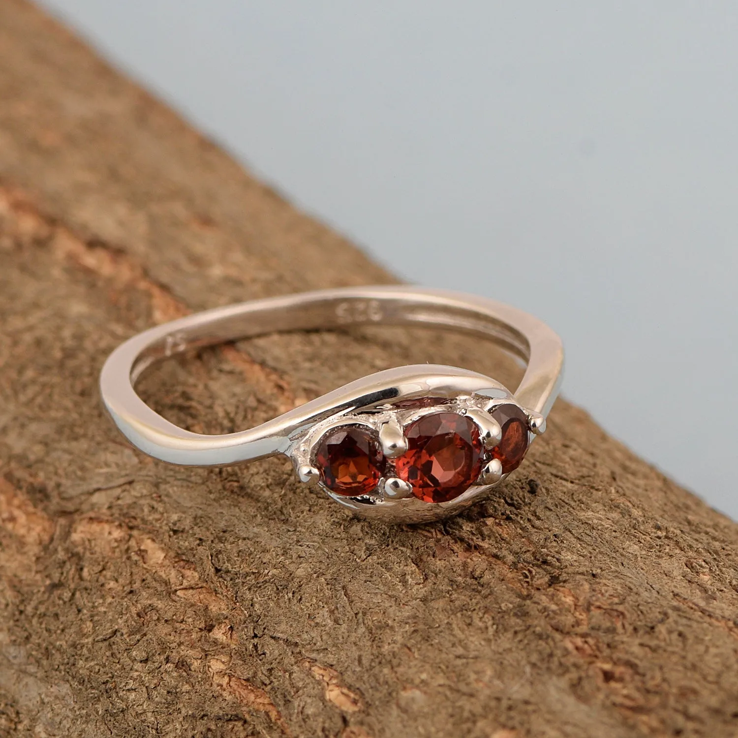 Sterling Silver 0.55 Ctw Round 4 MM Red Garnet 3-Stone Engagement Ring