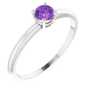 Sterling Silver 3 mm Round Imitation Amethyst Birthstone Ring Size 3