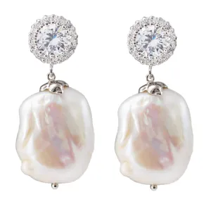Sterling Silver Baroque Pearl with Cubic Zirconia Drop Earrings