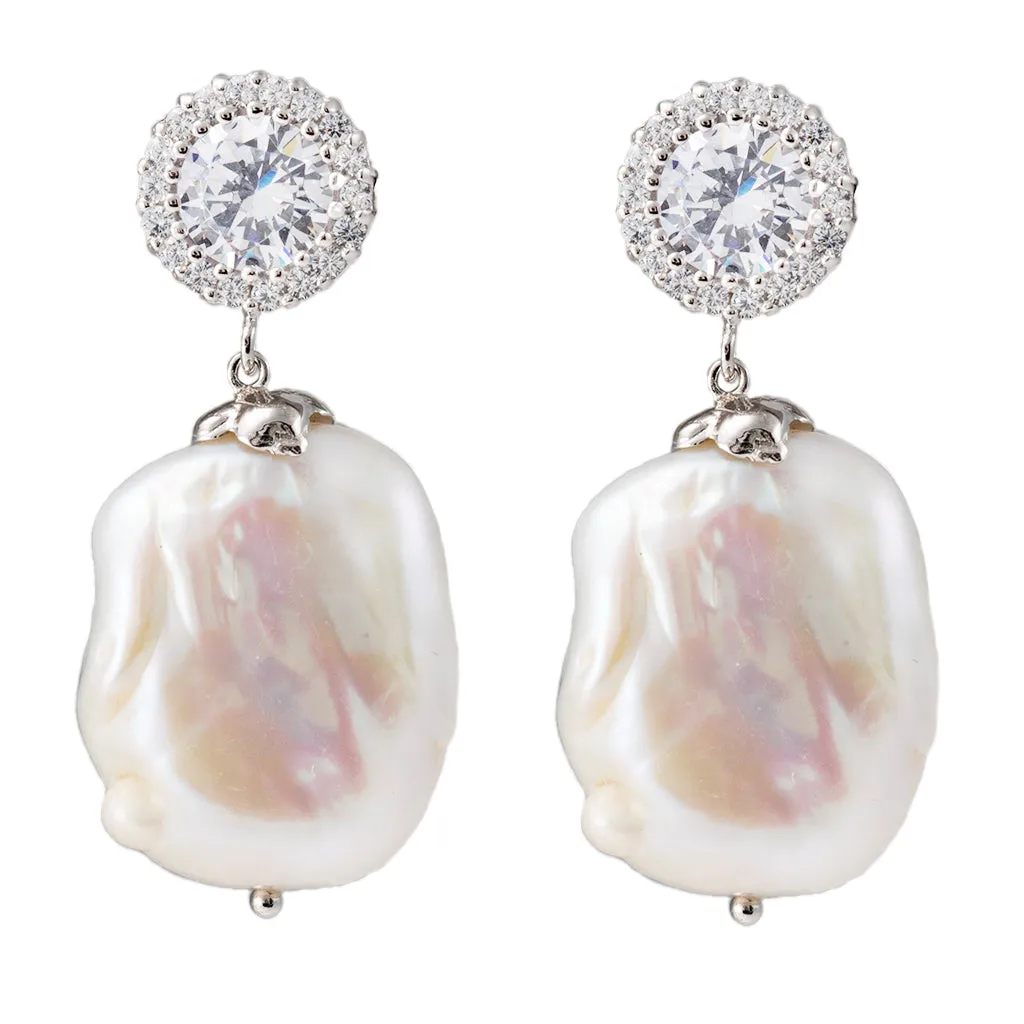 Sterling Silver Baroque Pearl with Cubic Zirconia Drop Earrings