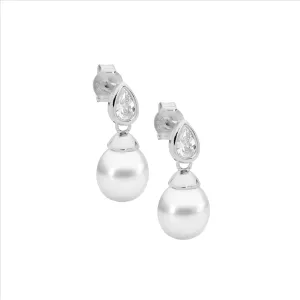 Sterling Silver Bezel Set Cubic Zirconia and Fresh Water Pearl Drop Earrings