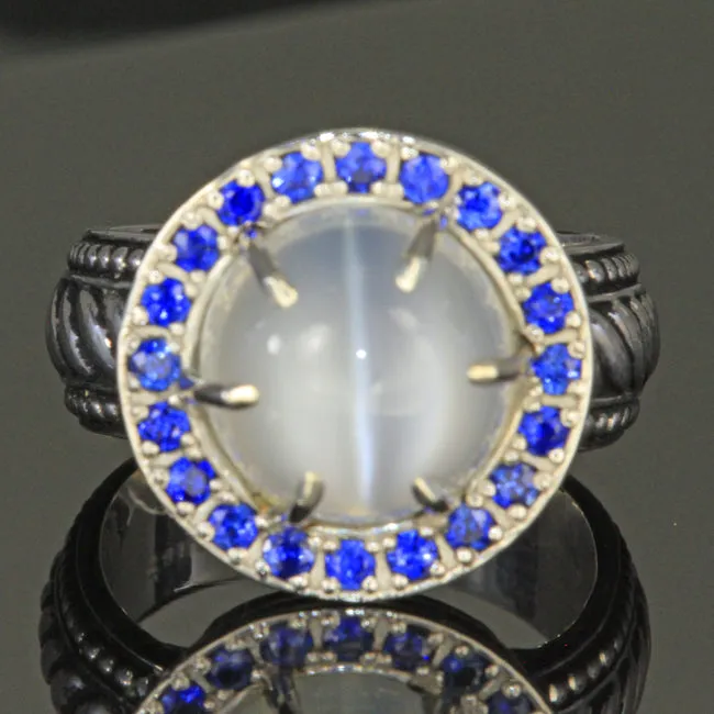 Sterling Silver Catseye Moonstone Ring with Fine Sapphire 6.90 Carats