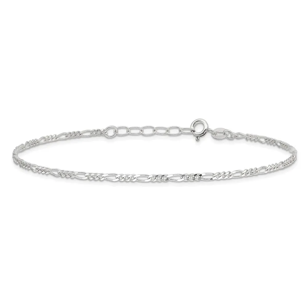 Sterling Silver Diamond Cut Polished Figaro 9in Plus 1in ext. Anklet