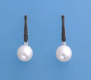 Sterling Silver Earrings with 10-10.5mm Drop Shape Freshwater Pearl and Black Spinel