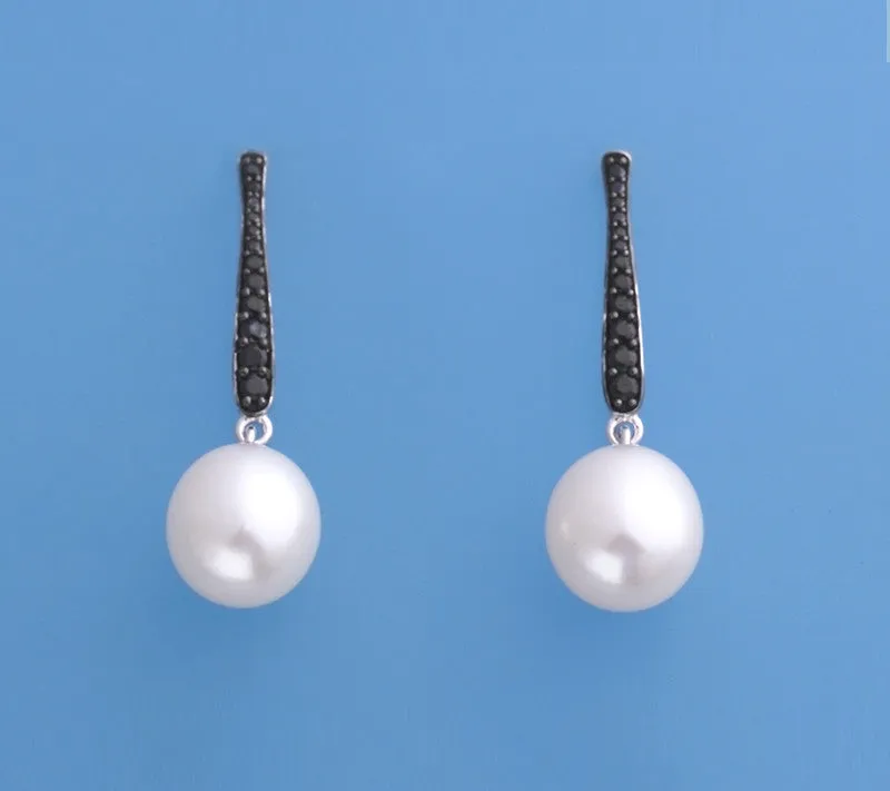 Sterling Silver Earrings with 10-10.5mm Drop Shape Freshwater Pearl and Black Spinel
