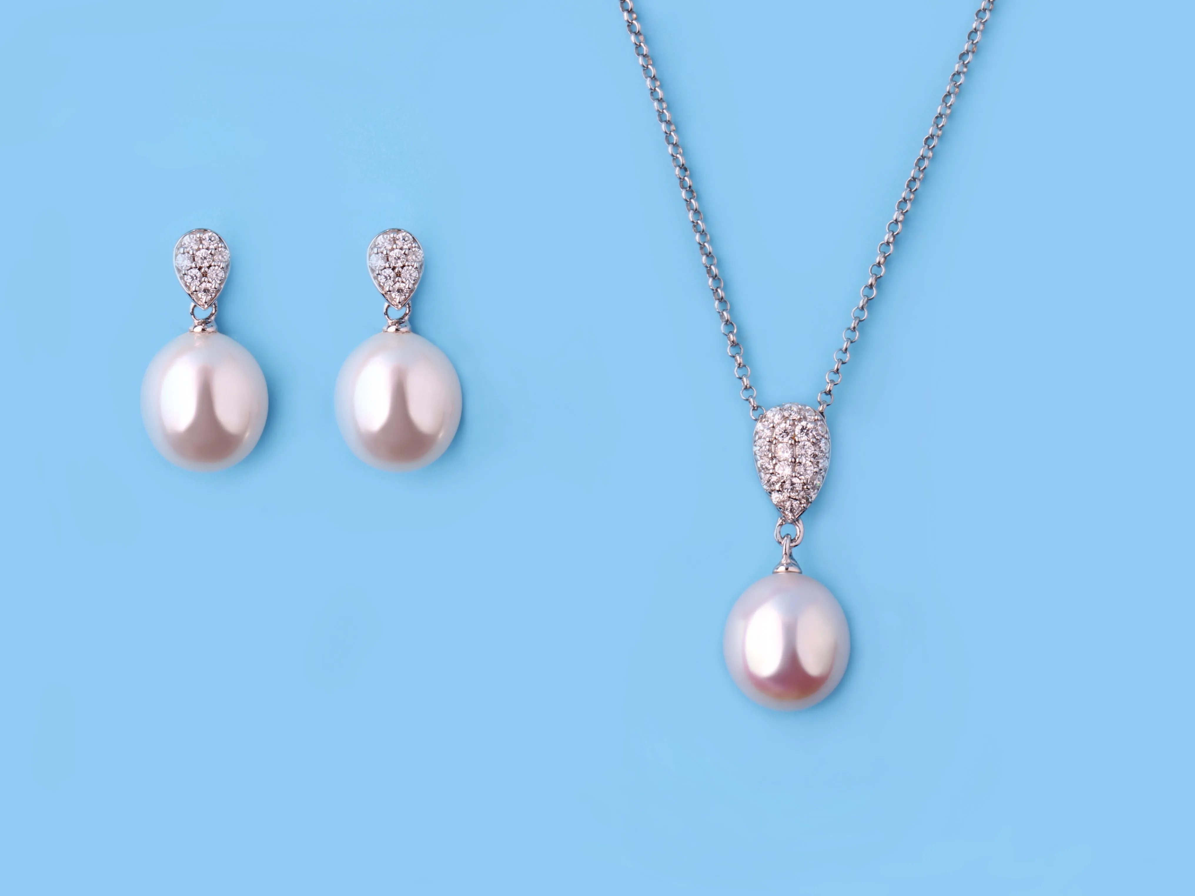 Sterling Silver Earrings with 10-10.5mm Drop Shape Freshwater Pearl and Cubic Zirconia