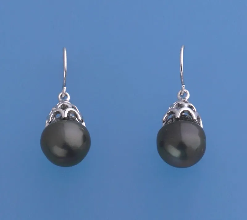 Sterling Silver Earrings with 10.5-11mm Drop Shape Tahitian Pearl