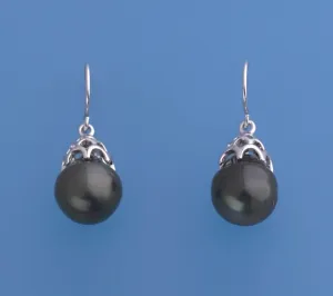Sterling Silver Earrings with 10.5-11mm Drop Shape Tahitian Pearl