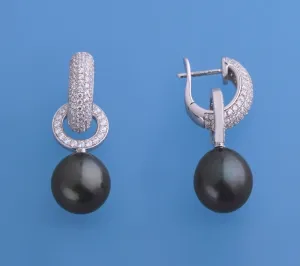 Sterling Silver Earrings with 11-12mm Drop Shape Tahitian Pearl and Cubic Zirconia