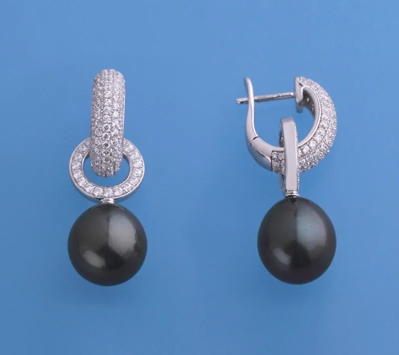 Sterling Silver Earrings with 11-12mm Drop Shape Tahitian Pearl and Cubic Zirconia