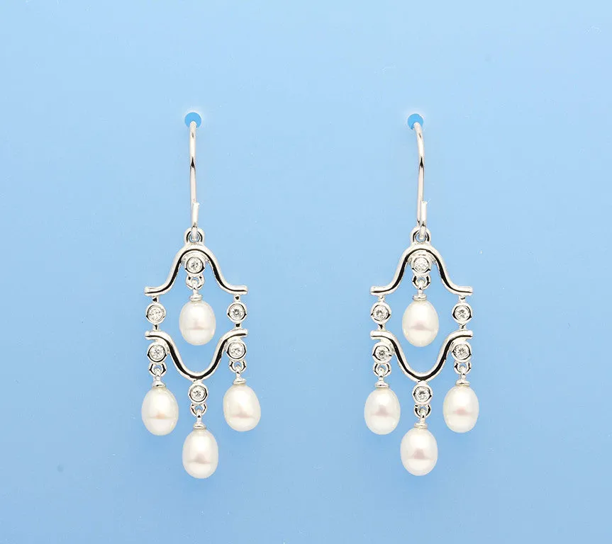 Sterling Silver Earrings with 4-4.5mm Drop Shape Freshwater Pearl and Cubic Zirconia