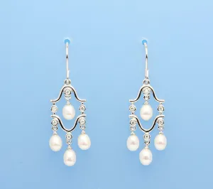 Sterling Silver Earrings with 4-4.5mm Drop Shape Freshwater Pearl and Cubic Zirconia