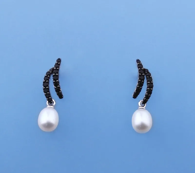 Sterling Silver Earrings with 6-6.5mm Drop Shape Freshwater Pearl and Black Spinel