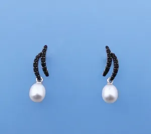 Sterling Silver Earrings with 6-6.5mm Drop Shape Freshwater Pearl and Black Spinel