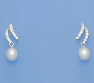 Sterling Silver Earrings with 6-6.5mm Drop Shape Freshwater Pearl and Cubic Zirconia