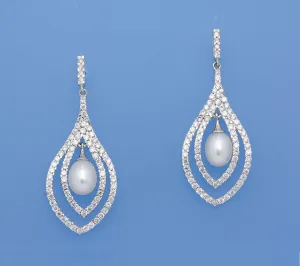 Sterling Silver Earrings with 7.5-8mm Drop Shape Freshwater Pearl and Cubic Zirconia