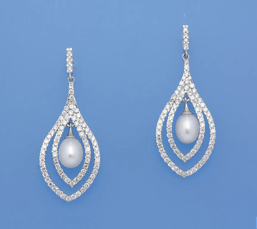 Sterling Silver Earrings with 7.5-8mm Drop Shape Freshwater Pearl and Cubic Zirconia