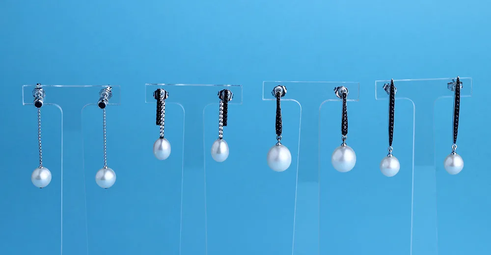 Sterling Silver Earrings with 7.5-8mm Drop Shape Freshwater Pearl, Black Spinel and Cubic Zirconia