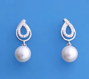 Sterling Silver Earrings with 8.5-9mm Drop Shape Freshwater Pearl and Cubic Zirconia