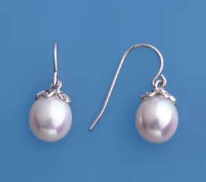 Sterling Silver Earrings with 8.5-9mm Drop Shape Freshwater Pearl