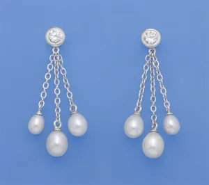 Sterling Silver Earrings with Drop Shape Freshwater Pearl and Cubic Zirconia