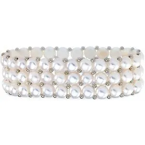 Sterling Silver Freshwater Cultured White Pearl 3 Row Stretch Bracelet