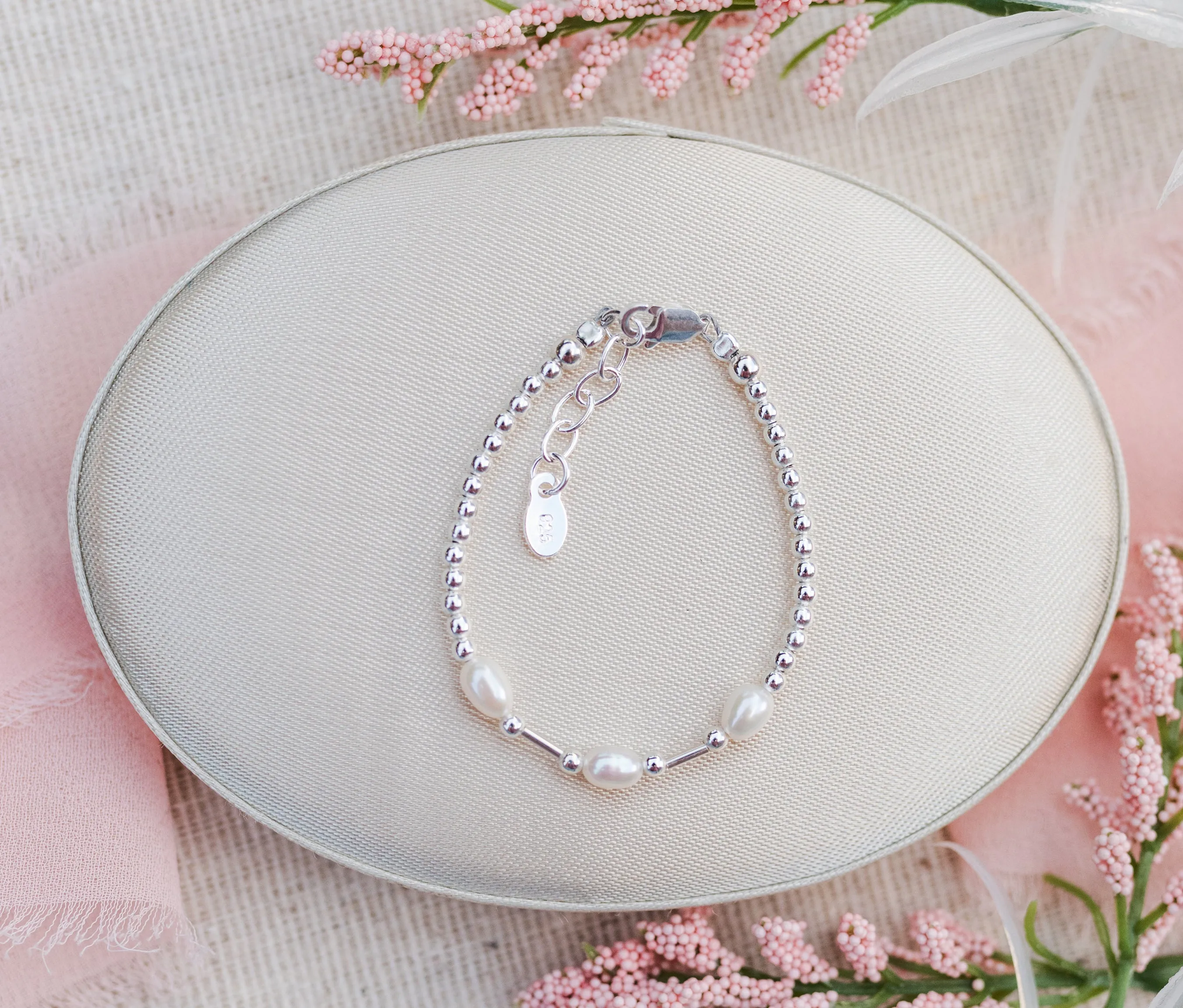 Sterling Silver Freshwater Rice Pearl Baby Bracelet for Girls