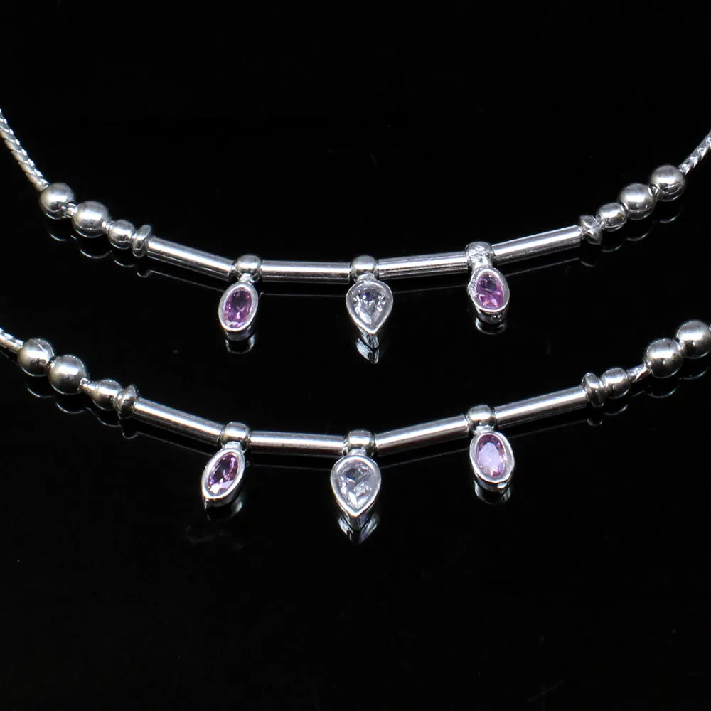 Sterling Silver Indian Pink White CZ Anklets Ankle Pair 10.3"