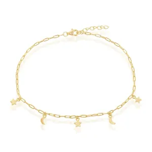 Sterling Silver Moon & Star Charms Paperclip Anklet - Gold Plated